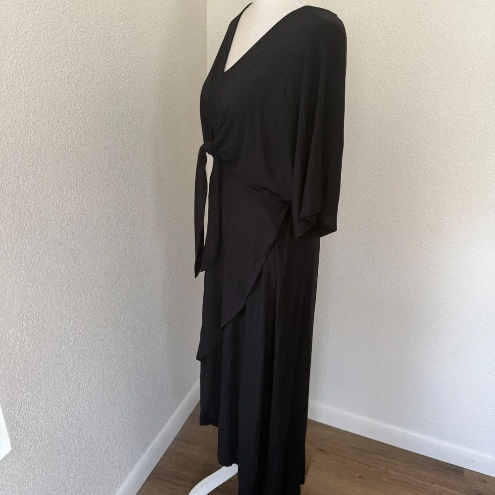 Farrow Midi Dress Womens Med Black Tie Front Kimono Sleeve Tulip Hem Wrap Look‎